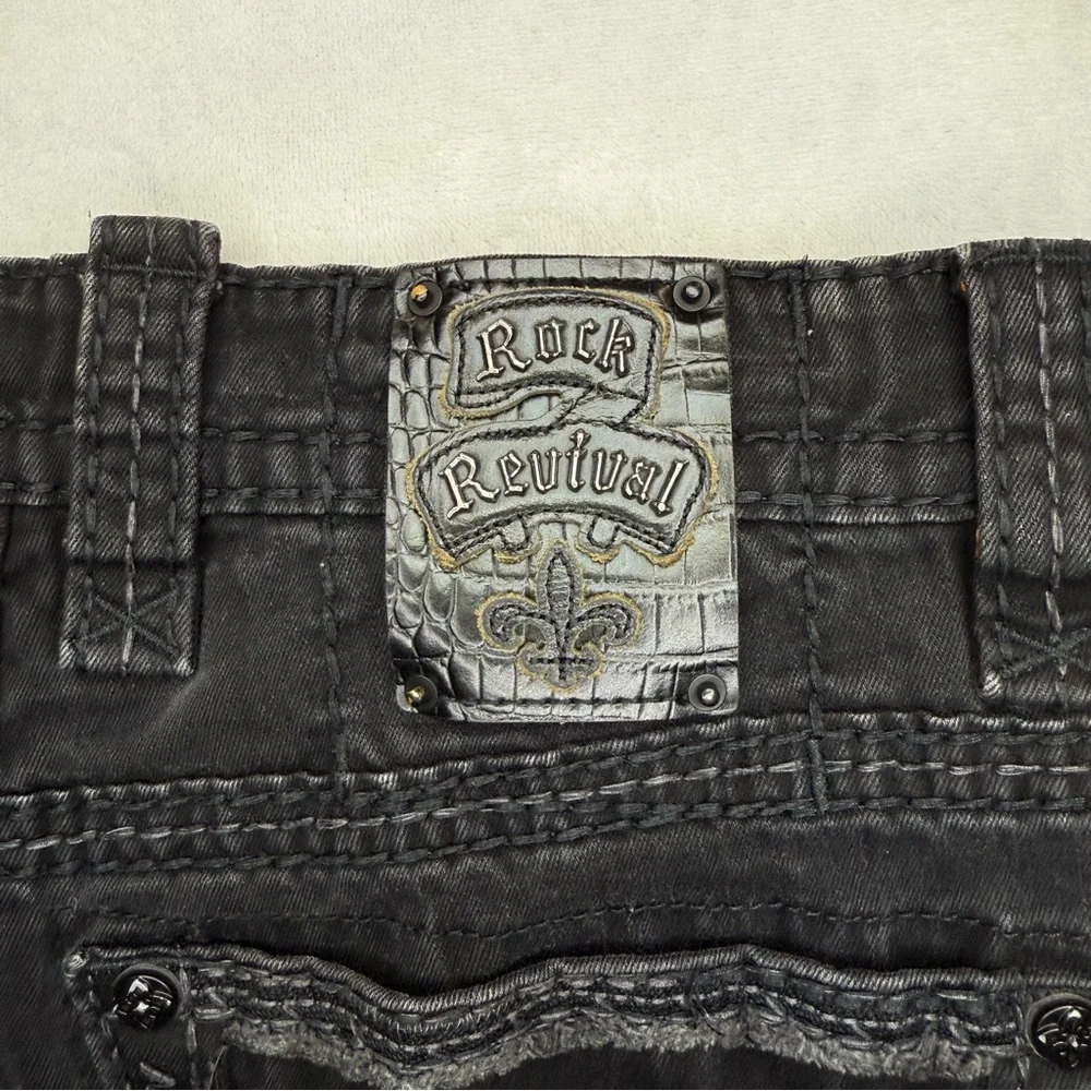 Rock Revival Mens Jean Shorts Size 32 Black Lorenzo Jorts Distressed Embroidery - Picture 4 of 14